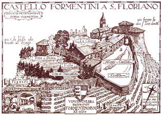 Disegno di Paolo Caccia Dominioni (1972) raffigurante il Castello di S. Floriano - Gorizia