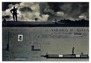 Cartolina di Paolo Caccia Dominioni rappresentante il monumento al Duca Amedeo D'Aosta all'aeroporto di Gorizia